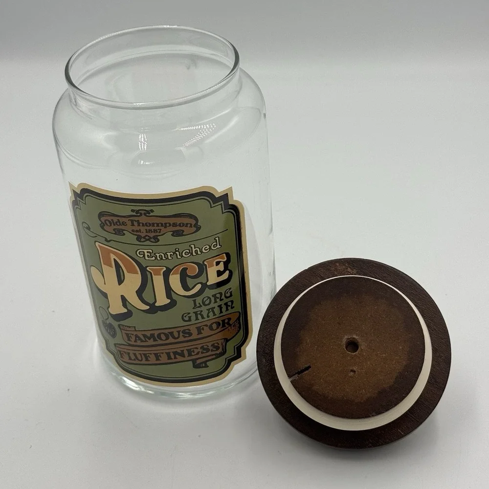 Olde Thompson Glass Canister Rice Wood Lid Vintage